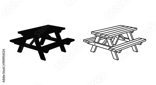 Two picnic tables one solid black and one outlined shown in a simple style