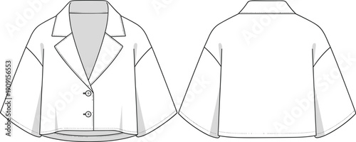 Technical Fashion Illustration of a Cropped Kimono Jacket with Two Button Closure: A Stylish and Versatile Garment Design for Modern Apparel Creation