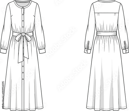 Fashionable Long Sleeve Maxi Dress Illustration: Technical Drawing for Garment Design, Sewing Patterns, and Apparel Manufacturing