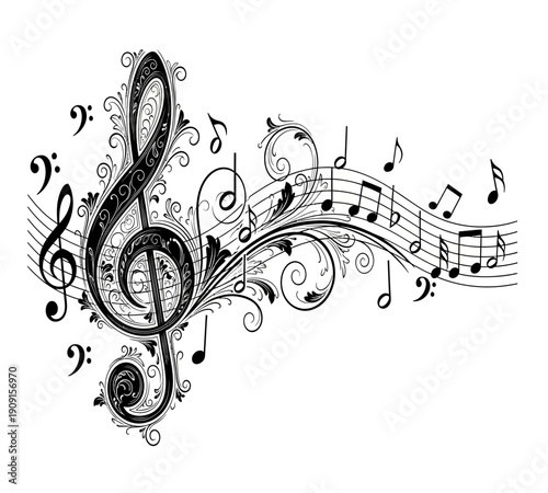 An elegant swirling black and white illustration of musical notes clefs and decorative floral elements