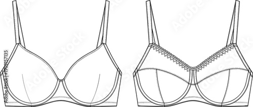 Fashionable Lingerie Sketches: An Elegant Bra Design for Apparel Mockups and Technical Illustrations, Featuring Delicate Trim and Modern Underwear Style