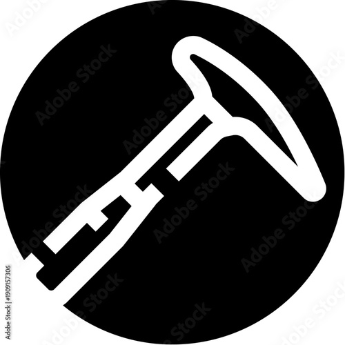 Ice axe tool for climbing and exploring icy terrains, depicted as a white outline on a black circular background, representing adventure and extreme sports equipment