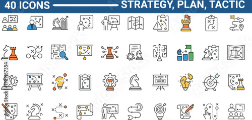 Collection of business strategy icons in a grid layout illustrating planning and tactics