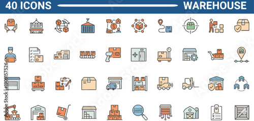 Collection of modern warehouse management icons representing various aspects of logistics, storage, and distribution in a simplified graphic format from an overhead viewpoint