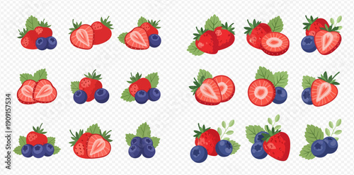 Set of fresh strawberries and blueberries with green leaves, whole and sliced, on a transparent background.