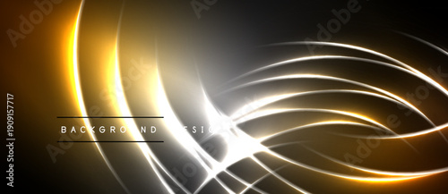 Abstract design features flowing golden, silver lines. Dark background creates dramatic visual effect. Modern, elegant composition.