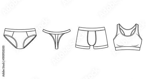 Set of Women's Underwear Styles: Briefs, Thong, Boxer, and Bralette - Line Art