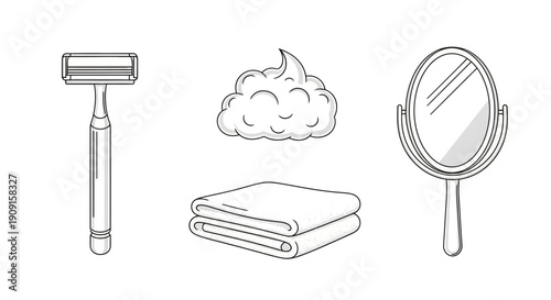 Shaving Kit Essentials: Razor, Foam, Towel, and Mirror - Line Art Illustration