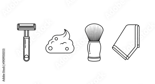 Shaving Kit Icons: Razor, Lather, Brush, Towel - Vintage Line Art Style