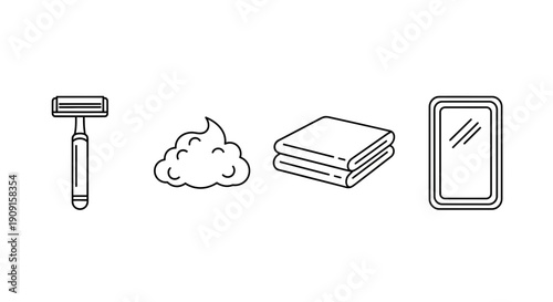 Shaving Kit Icons: Razor, Foam, Towel, Mirror - Simple Line Art