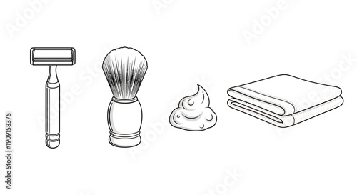 Shaving Kit: Razor, Brush, Foam, and Towel - Vintage Style Illustration
