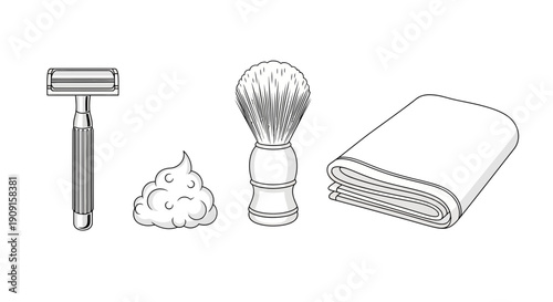 Shaving Kit: Razor, Shaving Cream, Brush, and Towel - Vintage Style Line Art