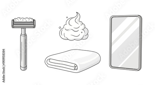 Shaving Kit: Razor, Shaving Cream, Towel, and Mirror - Black and White Illustration