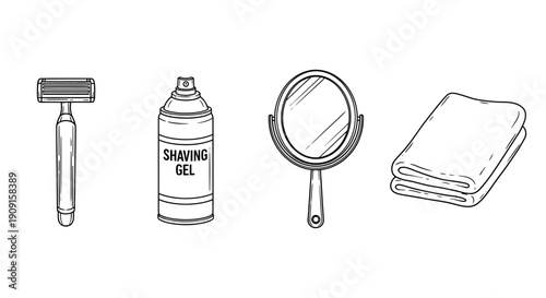 Shaving Kit: Razor, Shaving Gel, Mirror, and Towel - Vintage Sketch Style
