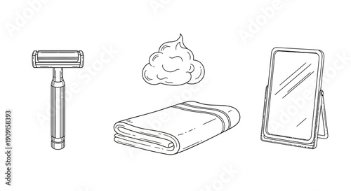 Shaving Kit: Razor, Shaving Cream, Towel, and Mirror - Line Art Illustration