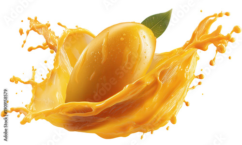 Ripe Mango Fruit Splashing in Vibrant Orange Juice with Water Droplets isolated on a transparent background