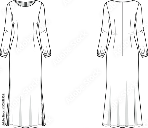 Elegant Long Sleeve Maxi Dress Technical Drawing for Fashion Design and Pattern Making Projects, Ideal for Designers and Illustrators
