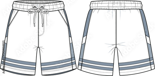 Technical Fashion Drawing of Sporty Athleisure Shorts with Drawstring and Side Stripes: A Template for Apparel Design and Manufacturing, Suitable for Tech Packs