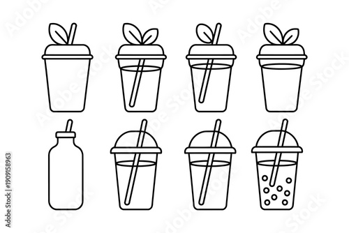 A collection of eight beverage containers with straws