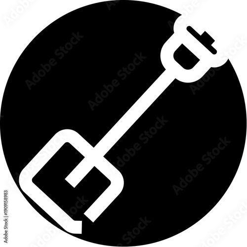 Shovel icon with white outline on black circular background, minimalist vector pictogram representing digging, tools, construction, gardening, labor and ground work for apps and design projects