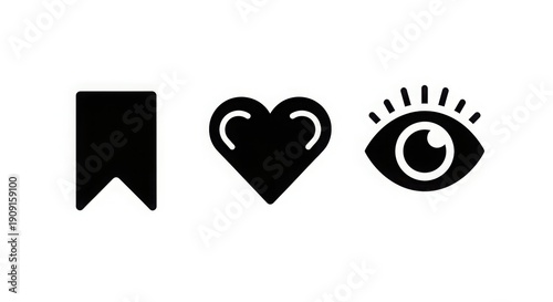 A set of three black icons on a white background, including a bookmark, heart, and eye with eyelashes.