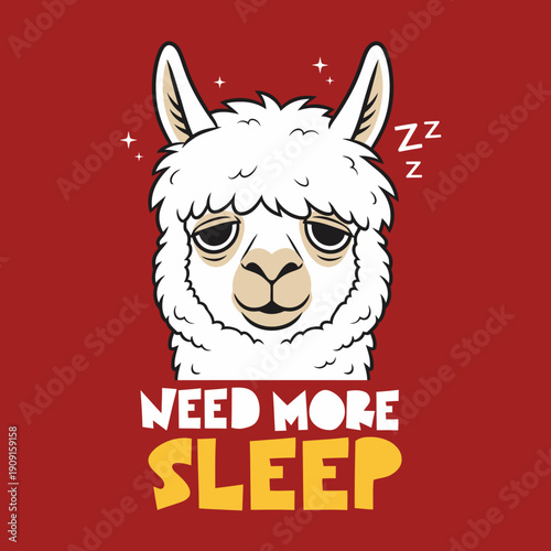 Sleepy Alpaca Needs More Sleep Funny Cartoon Illustration.