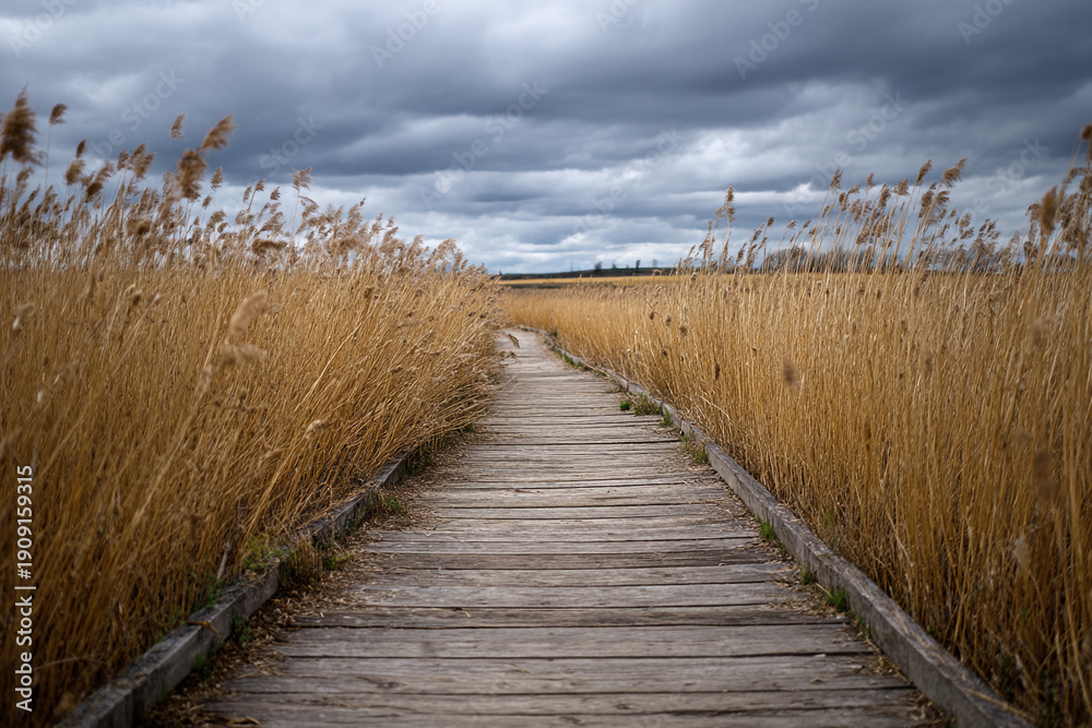 Obraz premium Wooden boardwalk path winding through a marshy area with tall dry reeds under a cloudy, dramatic sky.