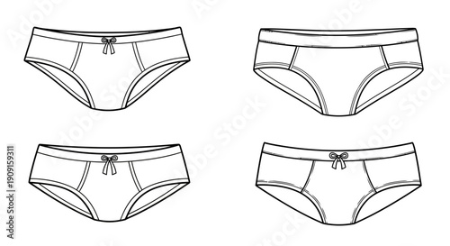 Set of four line art drawings of women's underwear, front and back views.