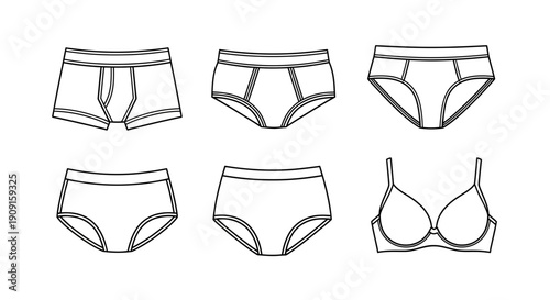 Set of hand-drawn underwear icons: boxers, briefs, and bra, isolated on white background.
