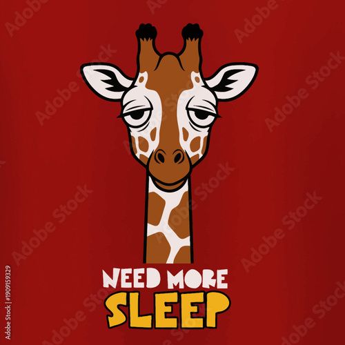 Tired Giraffe Needs More Sleep Funny Cartoon Illustration.