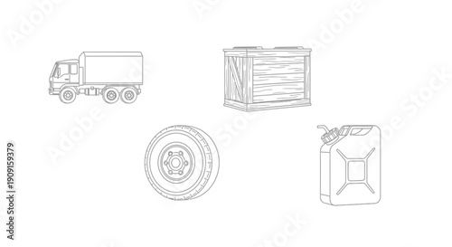 Set of Industrial Icons: Truck, Crate, Tire, and Gas Can - Vector Line Art