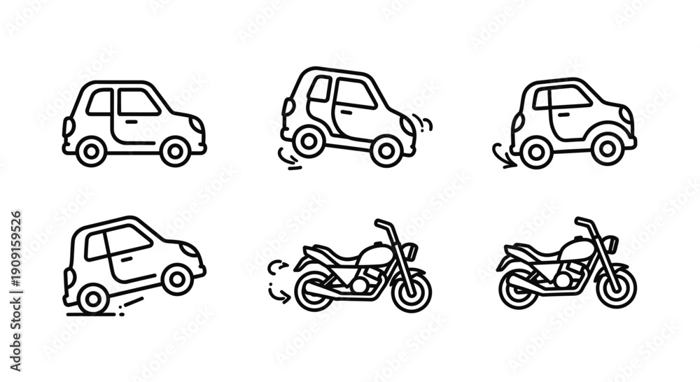 Obraz premium Set of stylized line icons representing car and motorcycle movement and actions