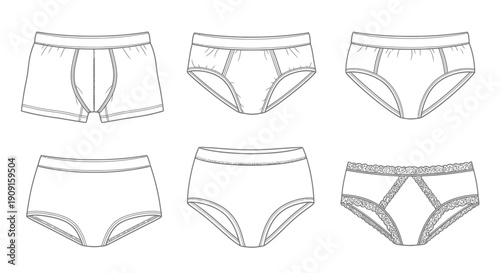 Set of six different types of men's underwear sketches, front view, isolated on white background