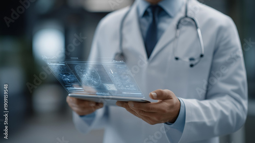 Glowing virtual graphs and wellness icons emphasize a future hospital where doctors use holograms and stethoscopes together for deeper patient understanding. cinematic color correction, natural