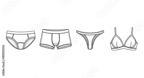 Set of Underwear: Bra, Panties, and Boxer Briefs - Line Art Illustration