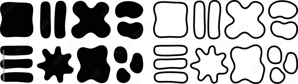 Obraz premium Collection of abstract organic blob shapes and rounded square elements in black and white outlines