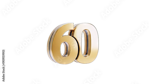 3D Golden number 60 3D render on transparent background