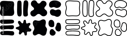 Collection of abstract organic blob shapes and rounded square elements in black and white outlines