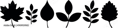 Collection of diverse black leaf silhouettes representing different tree and plant species isolated on a white background