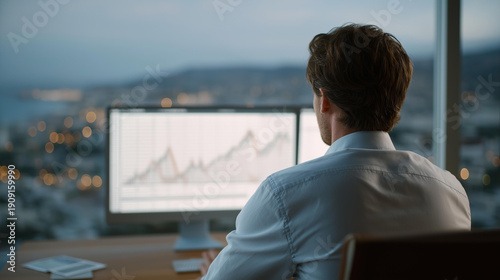Advanced financial analytics dominate the scene as transparent charts display revenue growth forecasts, cash flow optimization models, macroeconomic trend analysis, interest rate sensitivity