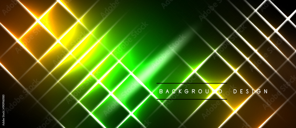 Obraz premium Abstract neon grid pattern. Vibrant green, yellow hues dominate dark background. Modern digital illustration, dynamic lines create visual interest.