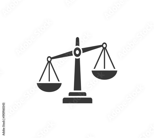 A simple black icon depicts traditional balance scales symbolizing justice fairness and legal proceedings high quality