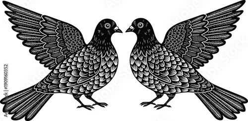 Detailed Black and White Vector Illustration of Two Pigeons with Wings Spread Facing Each Other in a Traditional Woodcut Style for Peace and Nature Design
