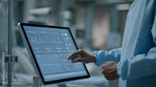 In a high-tech clinical setting, a person visualizes floating health data projections showing heart rate, blood pressure, and recovery indicators while standing near hospital equipment associated