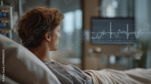 In a high-tech clinical setting, a person visualizes floating health data projections showing heart rate, blood pressure, and recovery indicators while standing near hospital equipment associated
