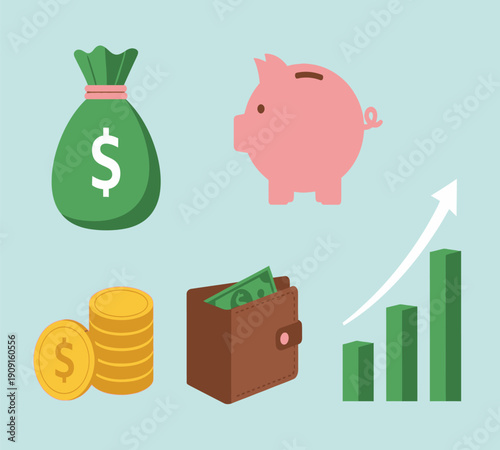 Illustrative depiction of financial growth savings and monetary wealth with icons and chart high quality professional