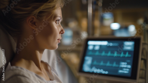 In a high-tech clinical setting, a person visualizes floating health data projections showing heart rate, blood pressure, and recovery indicators while standing near hospital equipment associated