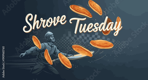Illustration of people celebrating Shrove Tuesday outside a cafe with pancakes flying through the air in a lively scene.