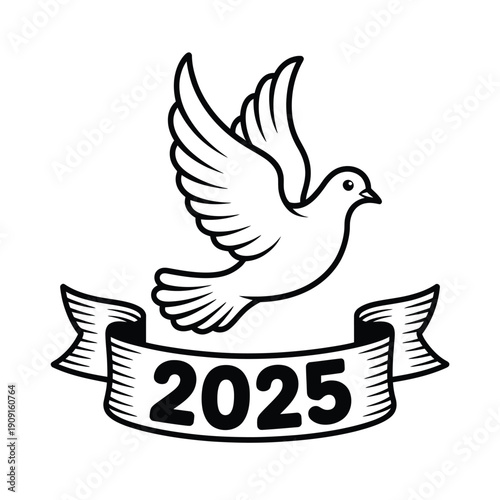 A white dove in flight carrying a ribbon with the year 2025
