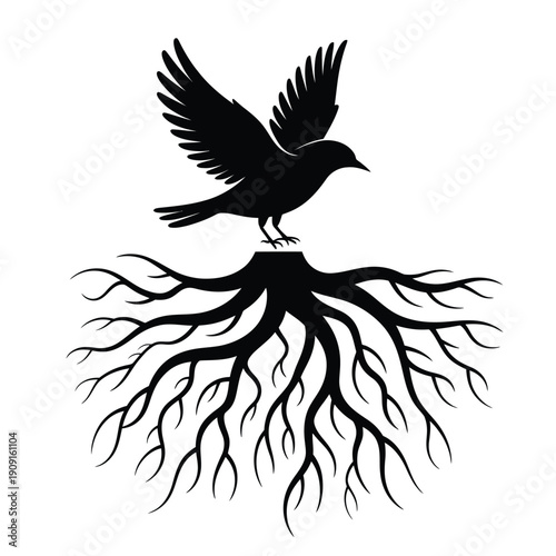 A black raven perched atop intricate tree roots a symbolic illustration